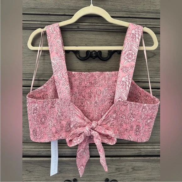 NEW House of Harlow 1960 Pink Floral Smocked Crop Top NWT White Tie Back Cotton - Picture 2 of 10